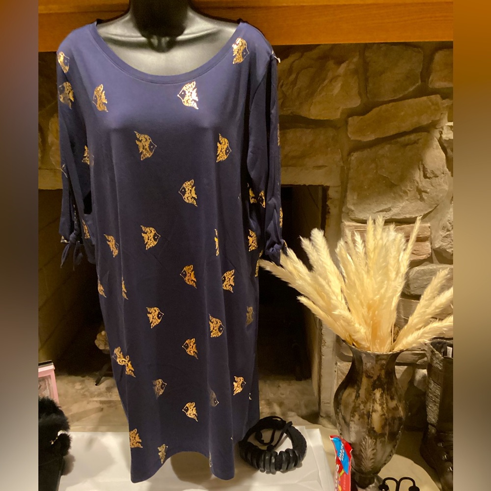 Lilly Pulitzer Preston Navy gold Foil fish design tee shirt dress Sz. XL - Picture 3 of 16